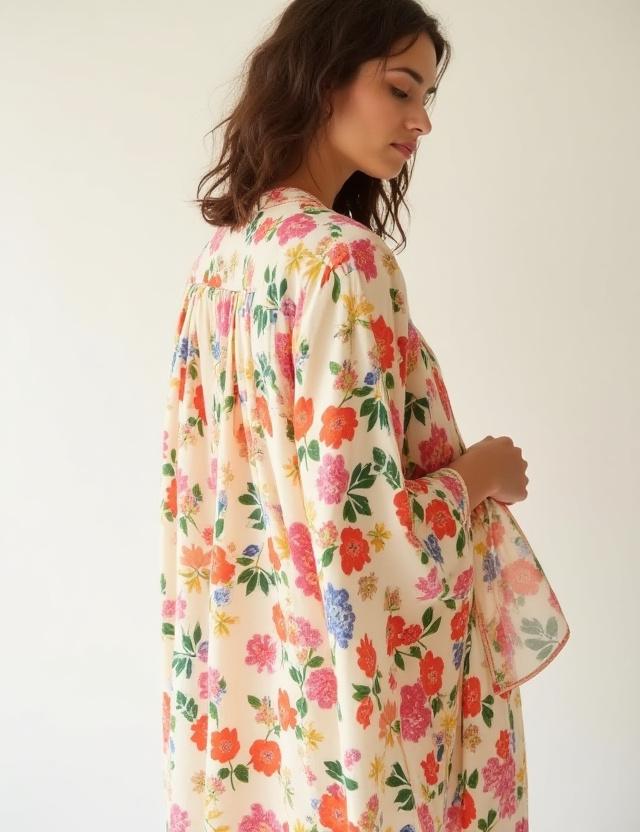 A delicate kimono with a vibrant floral pattern on a light background.