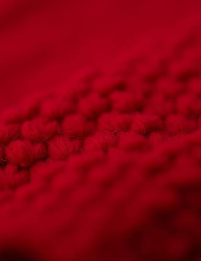 Close-up detail of a thick, hand-knit alpaca wool scarf in a cranberry red.