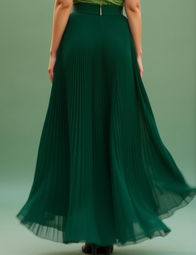 A flowing, pleated midi skirt in a forest green color.